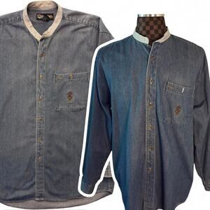 New River Mens Collarless Denim Shirt Size Large Crest Preppy Old Money Vtg 90s